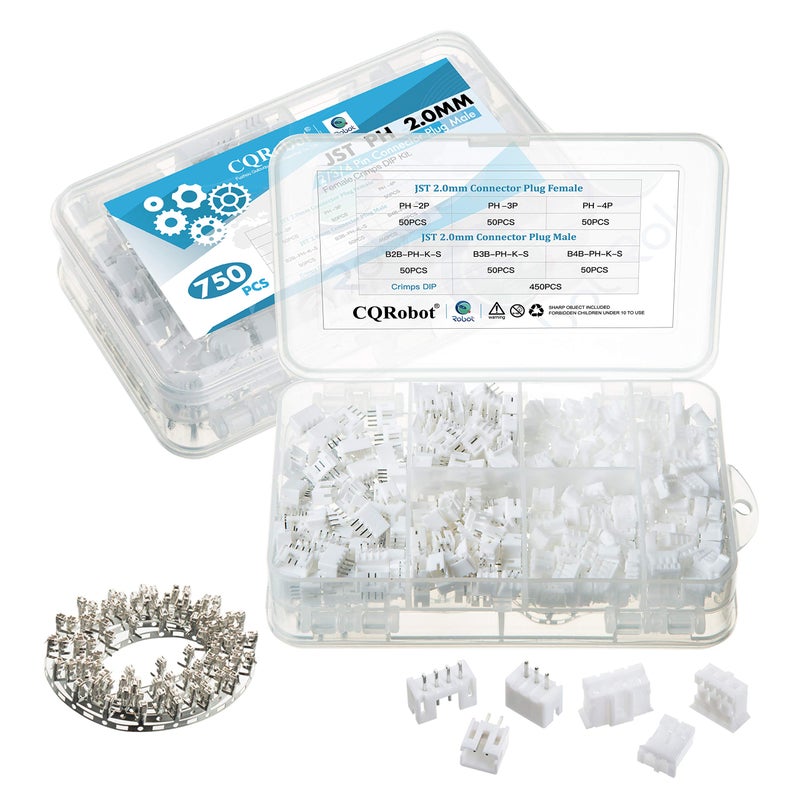 CQRobot JST PH 2.0 mm Pitch 2-Pin/3-Pin/4-Pin Electronic Connector IC Male Plugs, Female Sockets Housing and T-Shaped Crimp Terminal Kit. 150 Sets/750 Pieces Wire-to-Board Adapter Cable Assembly. - Image 1